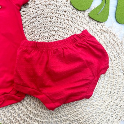 Conj. Body Manga Curta e Tapa Fralda Ana Bola com Laço - Vermelho